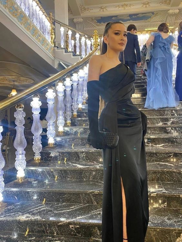 Black One Shoulder Sexy Prom Dress Long Evening Dress With Gloves HZ1023